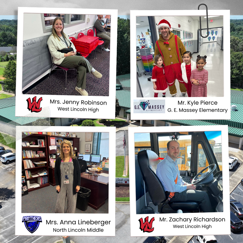 Graphic reading “We Love Our Assistant Principals” followed by a four-photo collage. Top left shows Mrs. Jenny Robinson of West Lincoln High seated in a classroom with red bins beside her. Top right shows Mr. Kyle Pierce of G.E. Massey Elementary dressed in a festive outfit with three young students in a school hallway. Bottom left shows Mrs. Anna Lineberger of North Lincoln Middle standing in her office in front of bookshelves and a desk. Bottom right shows Mr. Zachary Richardson of West Lincoln High seated in the driver’s seat of a school bus.