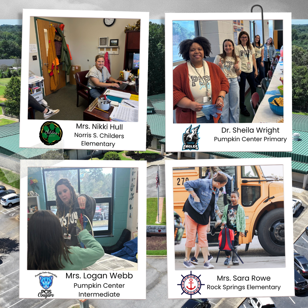 Graphic reading “We Love Our Assistant Principals” followed by a four-photo collage. Top left shows Mrs. Nikki Hull of Norris S. Childers Elementary sitting at her desk working on a laptop in her office. Top right shows Dr. Sheila Wright of Pumpkin Center Primary standing with staff members at a table with snacks in a classroom. Bottom left shows Mrs. Logan Webb of Pumpkin Center Intermediate working one-on-one with a student at a table. Bottom right shows Mrs. Sara Rowe of Rock Springs Elementary greeting a student as they step off a school bus.