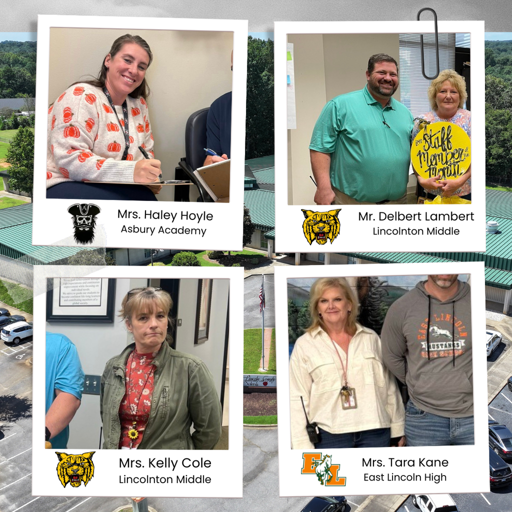 Graphic reading “We Love Our Assistant Principals” followed by a four-photo collage. Top left shows Mrs. Haley Hoyle of Asbury Academy smiling while writing on a clipboard. Top right shows Mr. Delbert Lambert of Lincolnton Middle standing beside a staff member holding a “Staff Member of the Month” sign. Bottom left shows Mrs. Kelly Cole of Lincolnton Middle standing in a school office area. Bottom right shows Mrs. Tara Kane of East Lincoln High standing beside a colleague in a school setting.