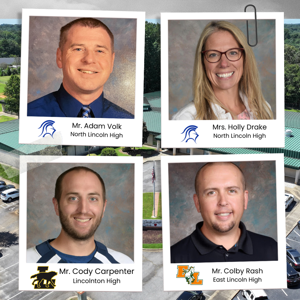 Graphic reading “We Love Our Assistant Principals” followed by a four-photo collage of headshots. Top left shows Mr. Adam Volk of North Lincoln High smiling in a blue shirt and tie. Top right shows Mrs. Holly Drake of North Lincoln High smiling and wearing glasses. Bottom left shows Mr. Cody Carpenter of Lincolnton High smiling in a school portrait. Bottom right shows Mr. Colby Rash of East Lincoln High smiling in a school portrait.