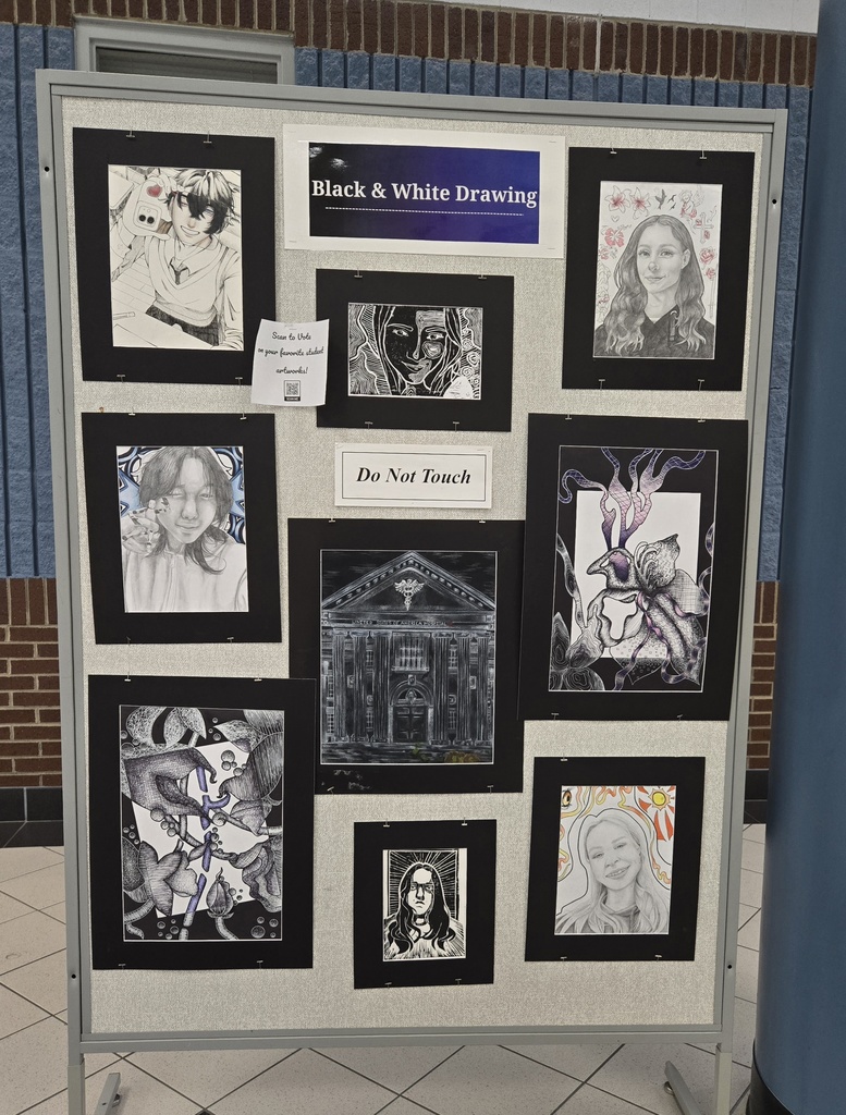 9 black and white drawings hang on a board.