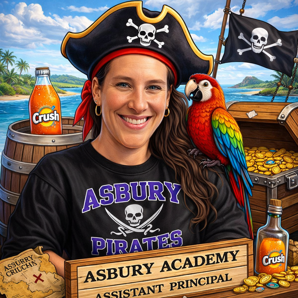 An AI-generated, stylized portrait of a smiling woman identified as the Assistant Principal of Asbury Academy. She is depicted as a pirate, wearing a black pirate hat with a skull and crossbones and a red bandana. She is wearing a black t-shirt that says "Asbury Pirates" with a skull and crossed cutlasses logo. A colorful parrot is perched on her shoulder. The background features a tropical island setting with a pirate ship, a treasure chest overflowing with gold coins, and bottles of "Crush" orange soda. A wooden sign in the foreground reads "Asbury Academy Assistant Principal".