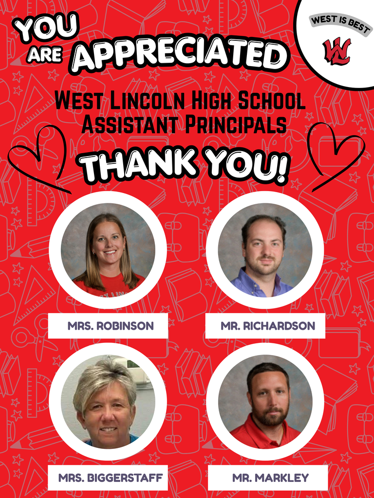 Four circular headshots of staff members on a red background. Names listed below each photo: Mrs. Robinson, Mr. Richardson, Mrs. Biggerstaff, and Mr. Markley.