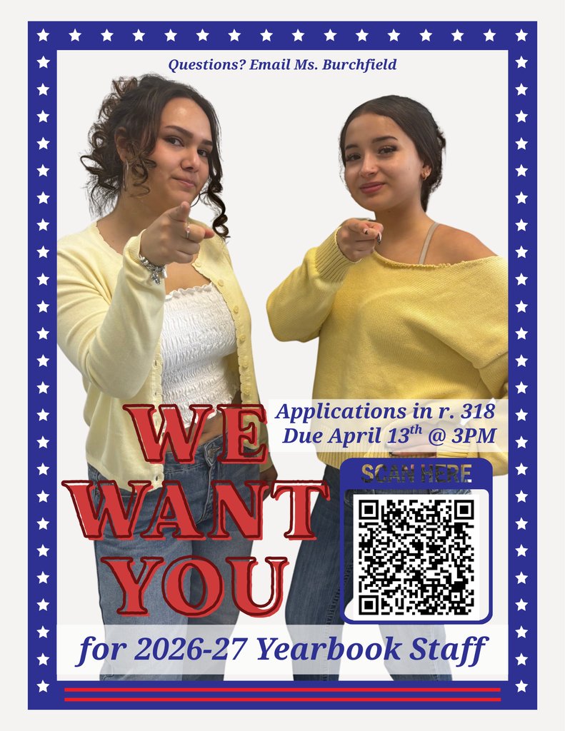 Two women wearing yellow cardigans and jeans stand in front of a blue and white star-patterned border. Text reads "We Want You for 2026-27 Yearbook Staff."