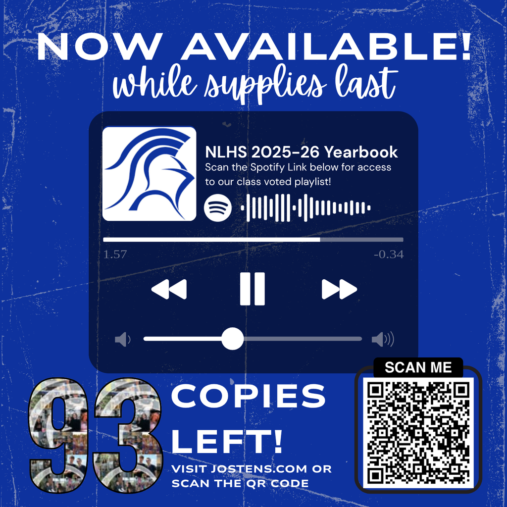 Blue background with white text. A yearbook cover displays "NLHS 2025-26 Yearbook" and a headphone icon. Remaining yearbook copies shown as 93. Visit Jostens main site to order your  yearbook while supplies last. 
