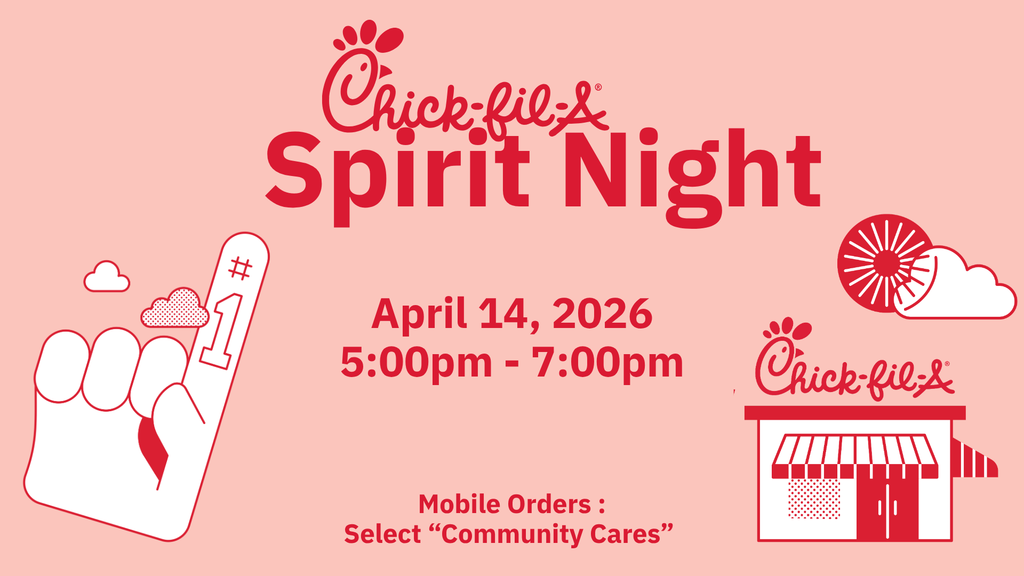 Chick-fil-A Spirit Night. April 14, 2026, 5:00pm - 7:00pm. Mobile Orders: Select "Community Care". The flyer features the Chick-fil-A logo, a large red #1 foam finger, a stylized Chick-fil-A restaurant building icon, and decorative clouds and sun graphics in red on a light pink background.