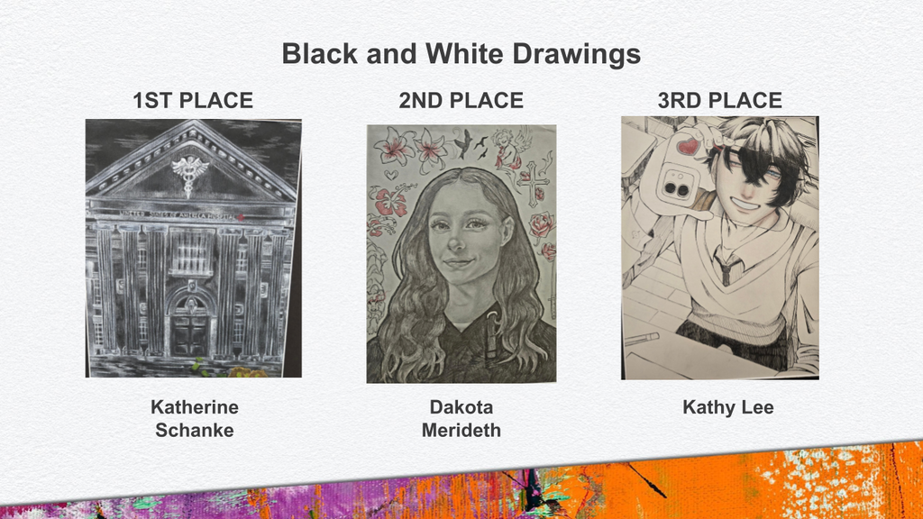 3 images - A hopsital that looks like a bank in white on a black background. A self portrait of a girl with flowers in the background. A black and white drawing of a person, looking into a cell phone, but the face is in color on the phone. 