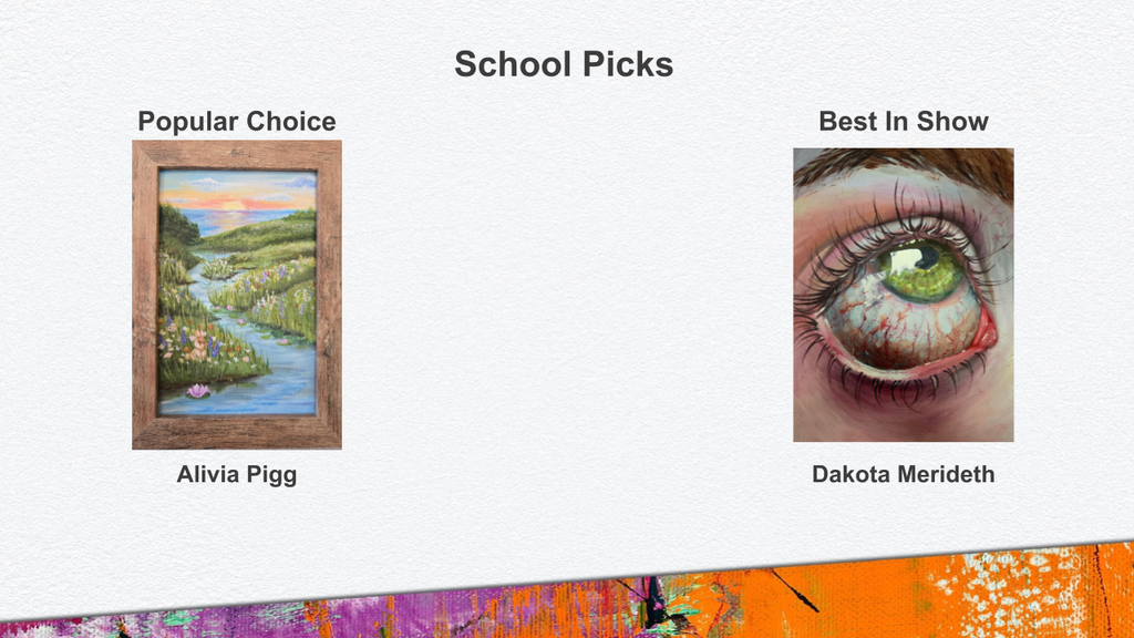 2 images - A serene flower field with stream running through a a small rabbit in the corner. A close up painting of an eyeball, lashes, and eyebrow. 