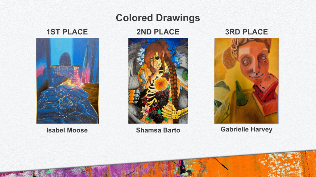 3 images - person laying in bed with an alarm light in their face,  a person with wings opening their chest cavity exposing ribs and flowers, a still life of a bust of Michelangelo's David some blocks and greenery.  