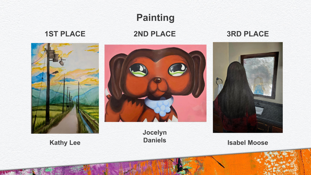 3 images - a watercolor painting of a road and telephones poles at dawn. A plastic toy dog. A person looking into a fogged mirror. 