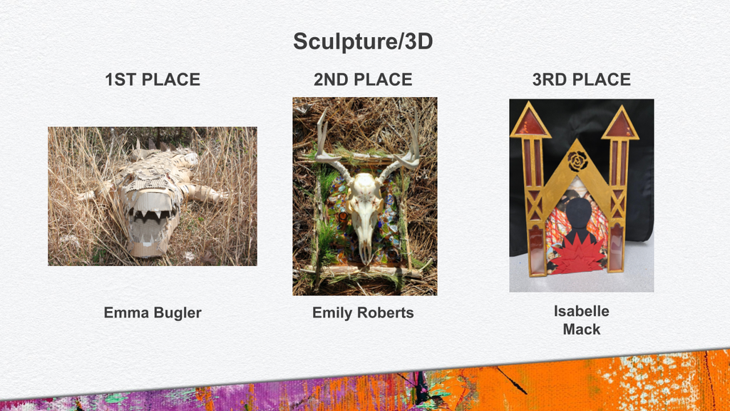 3 images - a cardboard alligator in tall brown grass. A deer skull with carvings on a board with a mosaic of glass  and bine boughs. An alter piece with resin stained glass and a person silhouetted in front of icon images. 