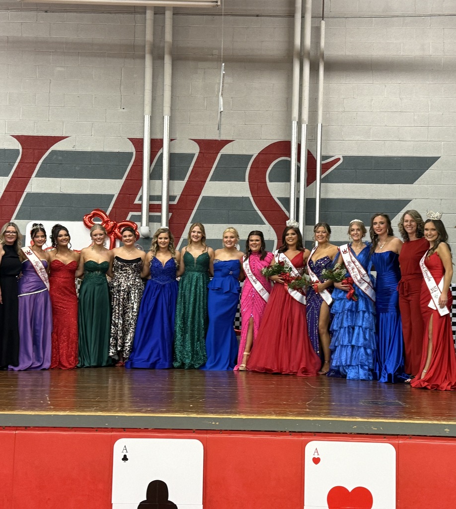 Contestants in various colored dresses pose on a stage with a wall in the background.