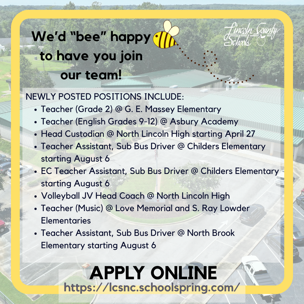 Advertisement poster with a bee graphic, listing new teaching and support positions at various schools. It includes a link to apply online.