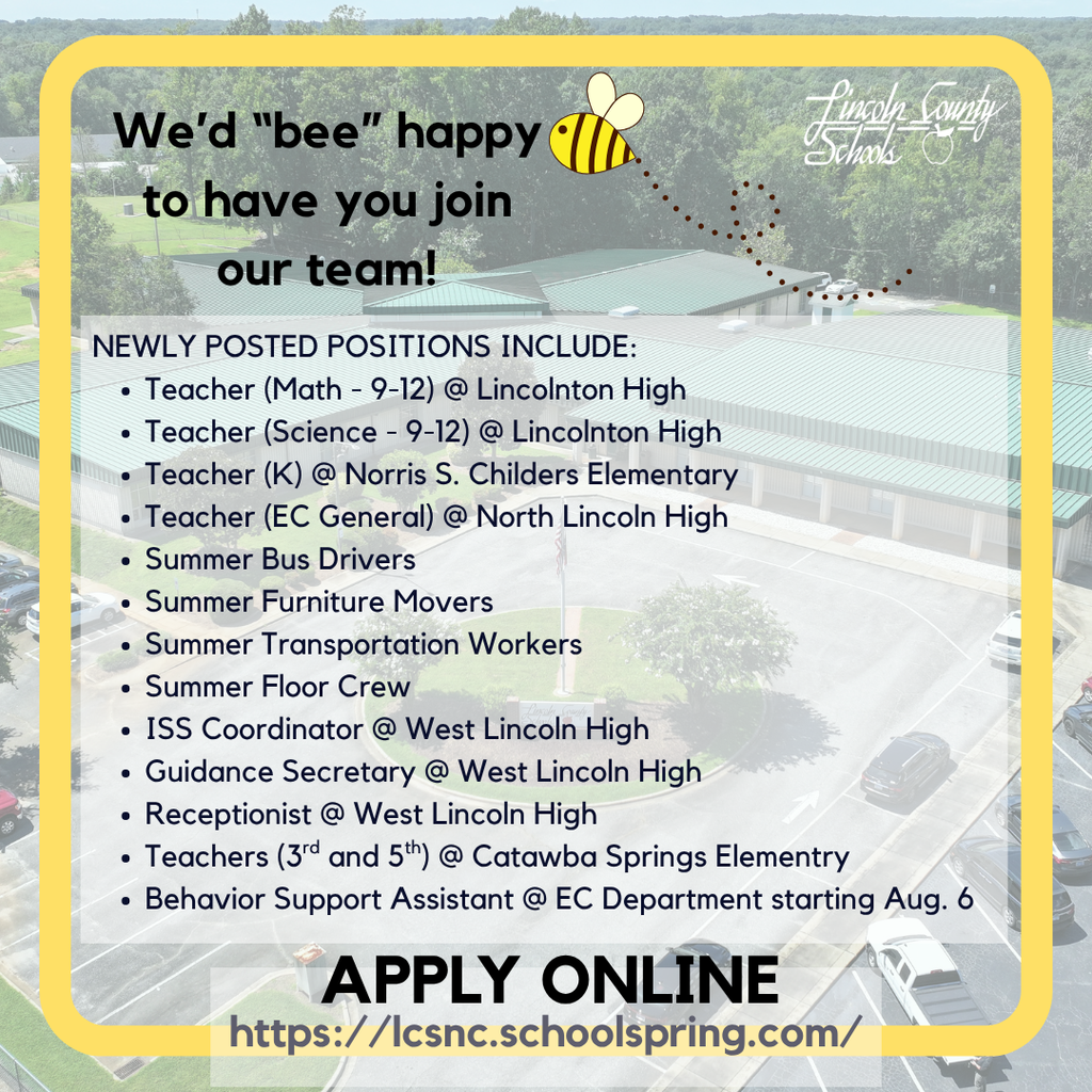 Advertisement with a yellow border. A bee illustration. List of positions available. Apply online link at the bottom.