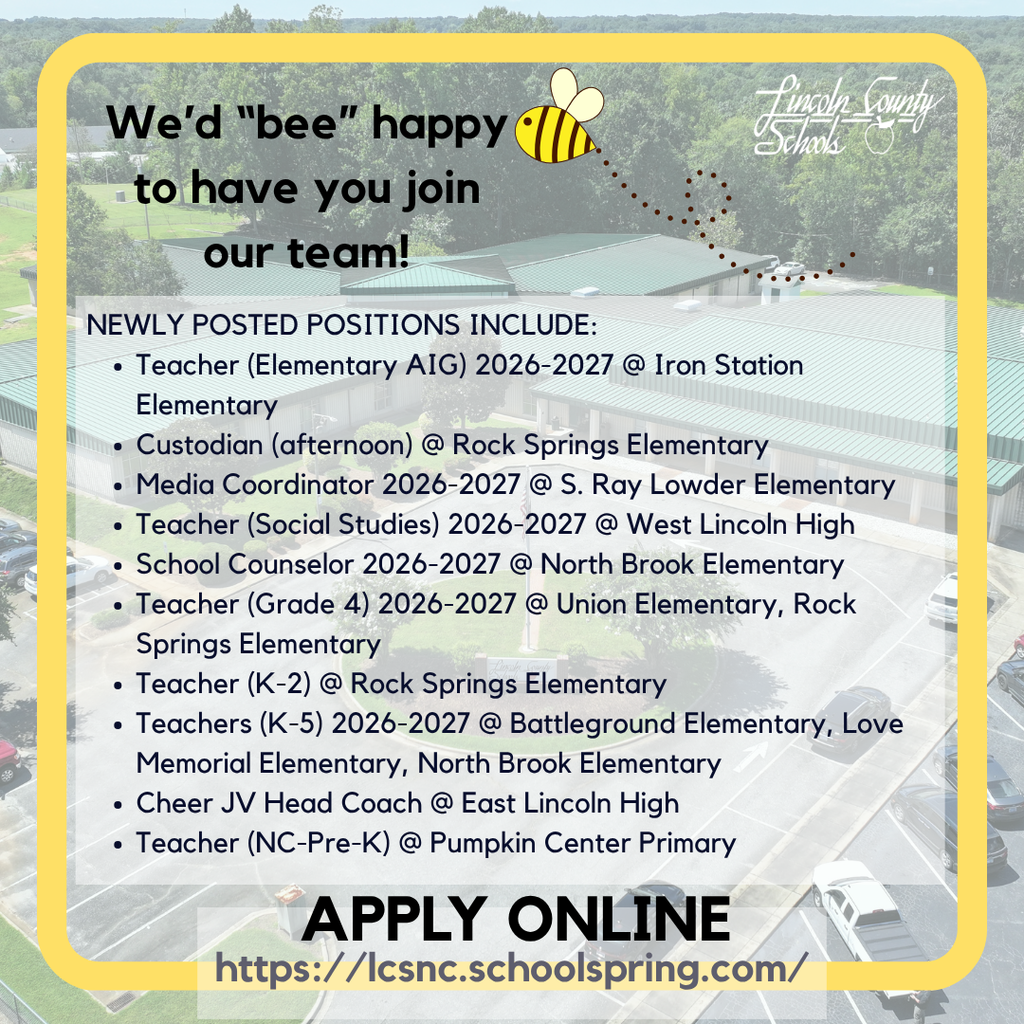 Ad for teaching positions at various schools. Positions listed include teachers, custodian, media coordinator, and cheer JV head coach.