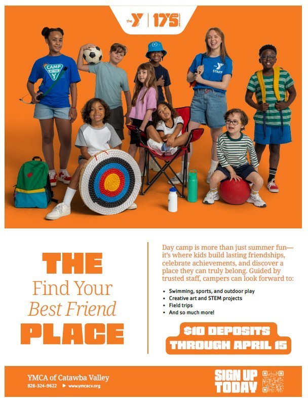Children in shorts and t-shirts pose with sports equipment. A poster reads "Find Your Best Friend Place" with a deadline for sign-ups.