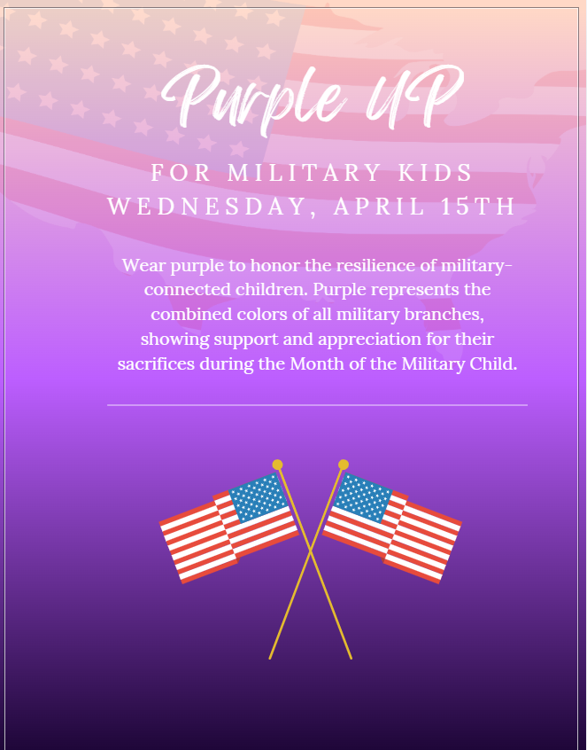 Poster with purple background, white text, and two American flags. It encourages wearing purple on April 15 to honor military children.