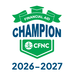 A white background with the text "Financial Aid Champion 2026-2027" above a green shield. A lighthouse logo is in the shield.