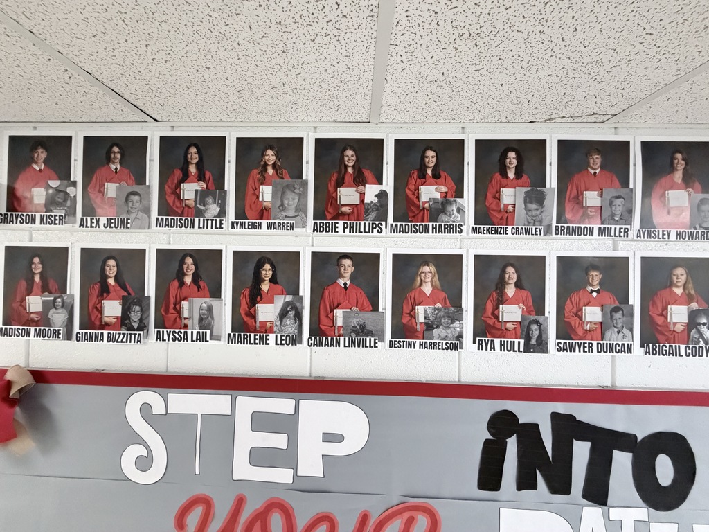 A series of identical photos of women wearing red, each with a name below, displayed on a wall.