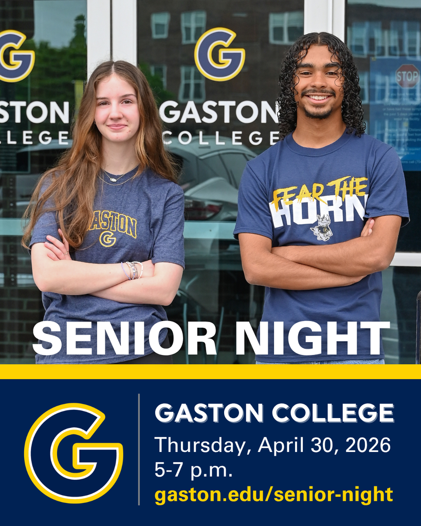 Two students stand in front of a building, wearing blue shirts. The text "Gaston College Senior Night" and "Thursday, April 30, 2026" appears.