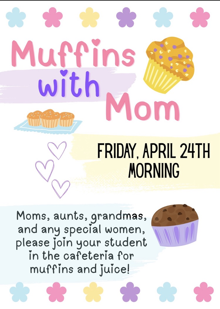 flyer with pink font and purple font that says muffins with Mom