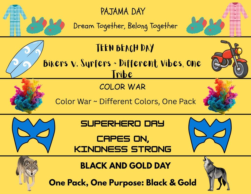 A yellow poster with various themes for themed days to celebrate Special Olympics next week (April 20-24). Sections include Pajama Day on Monday, Teen Beach Day on Tuesday, Color War on Wednesday, Superhero Day on Thursday, and Black and Gold Day on Friday.