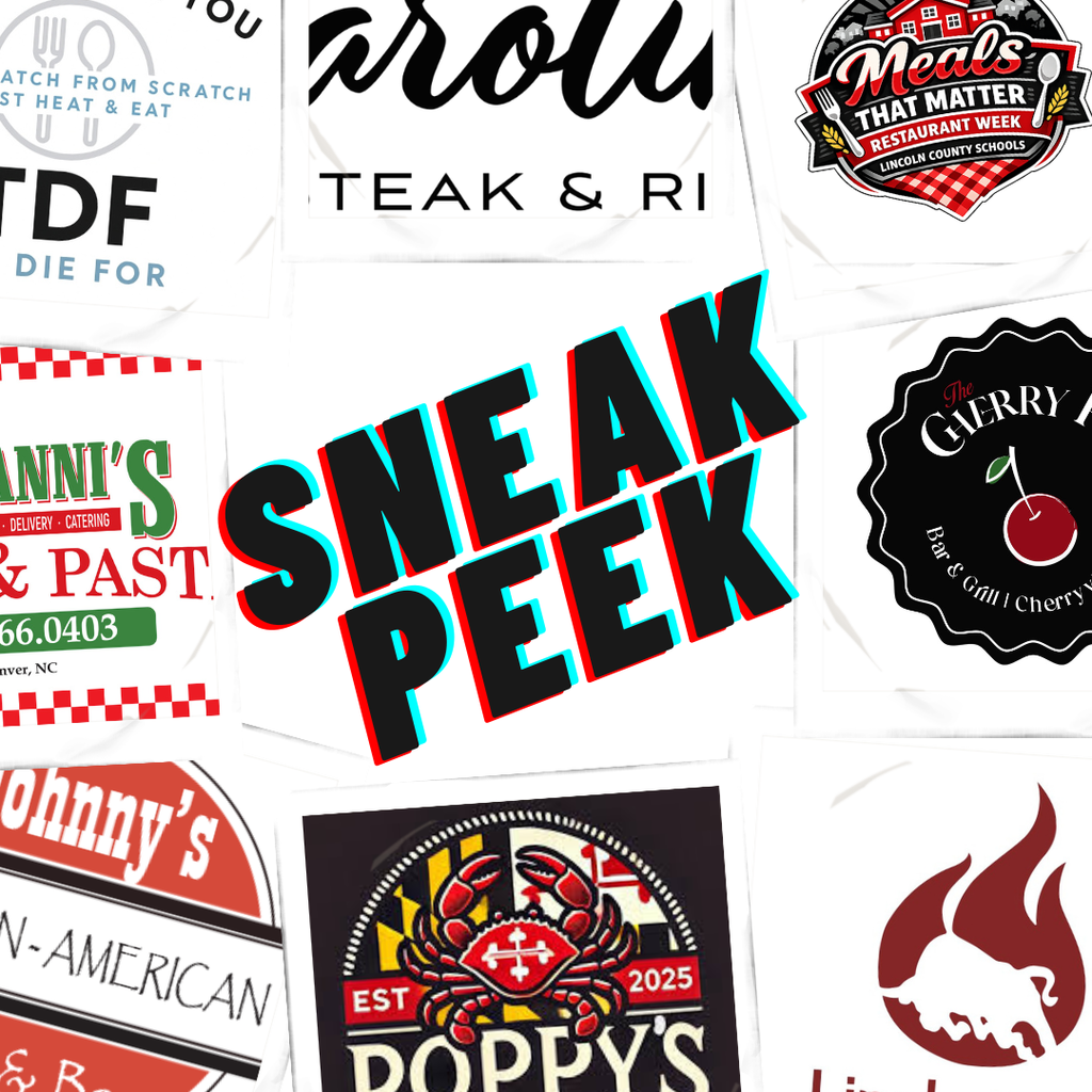 Various restaurant logos and labels on a white background. Text reads "SNEAK PEEK." Logos include "TEAK & RI," "POPPY'S," "Johnny's," and "Cherry."