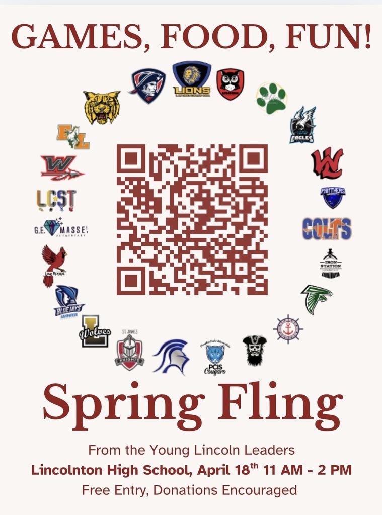 Spring Fling flyer featuring a large central QR code surrounded by a circular arrangement of school logos from the district. The text on the flyer reads: GAMES, FOOD, FUN! Spring Fling. From the Young Lincoln Leaders. Lincolnton High School, April 18th 11 AM - 2 PM. Free Entry, Donations Encouraged.