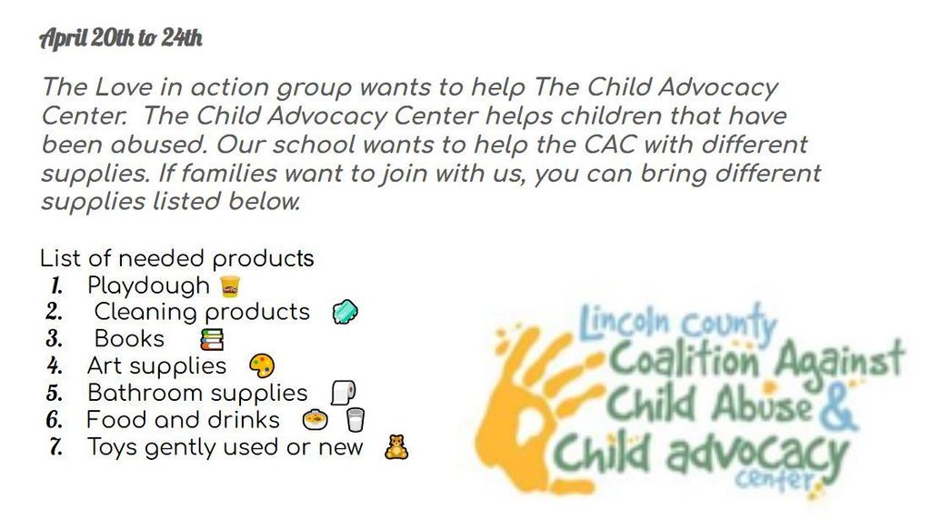 Text and icons about an April 20th event for a child advocacy center. A hand with the text "Lincoln County Coalition Against Child Abuse".