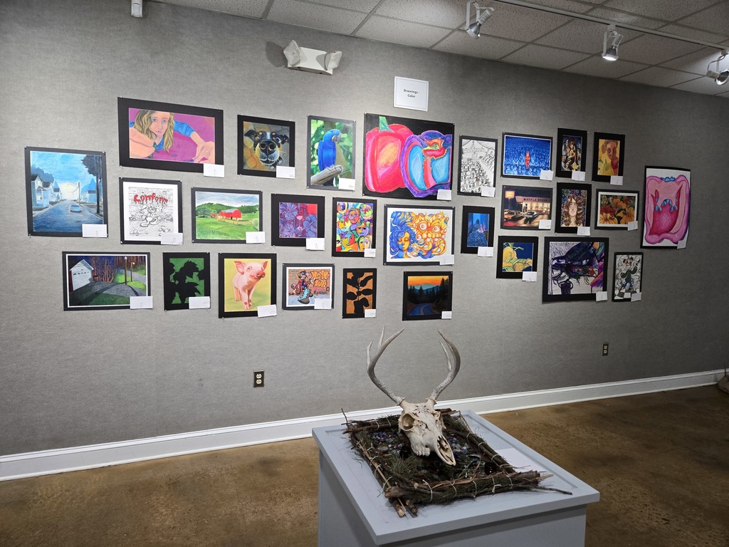 A wall of colorful drawings with a sculpture of a deer skull on a pedestal. 