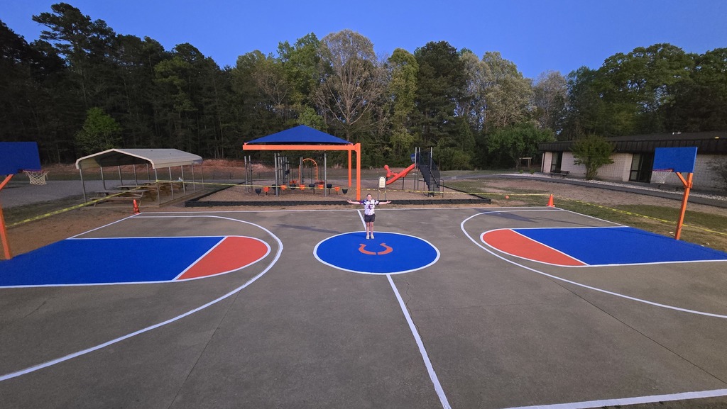 An empty basketball court with blue, red, and white markings. A canopy and playground in the distance. Trees line the background.