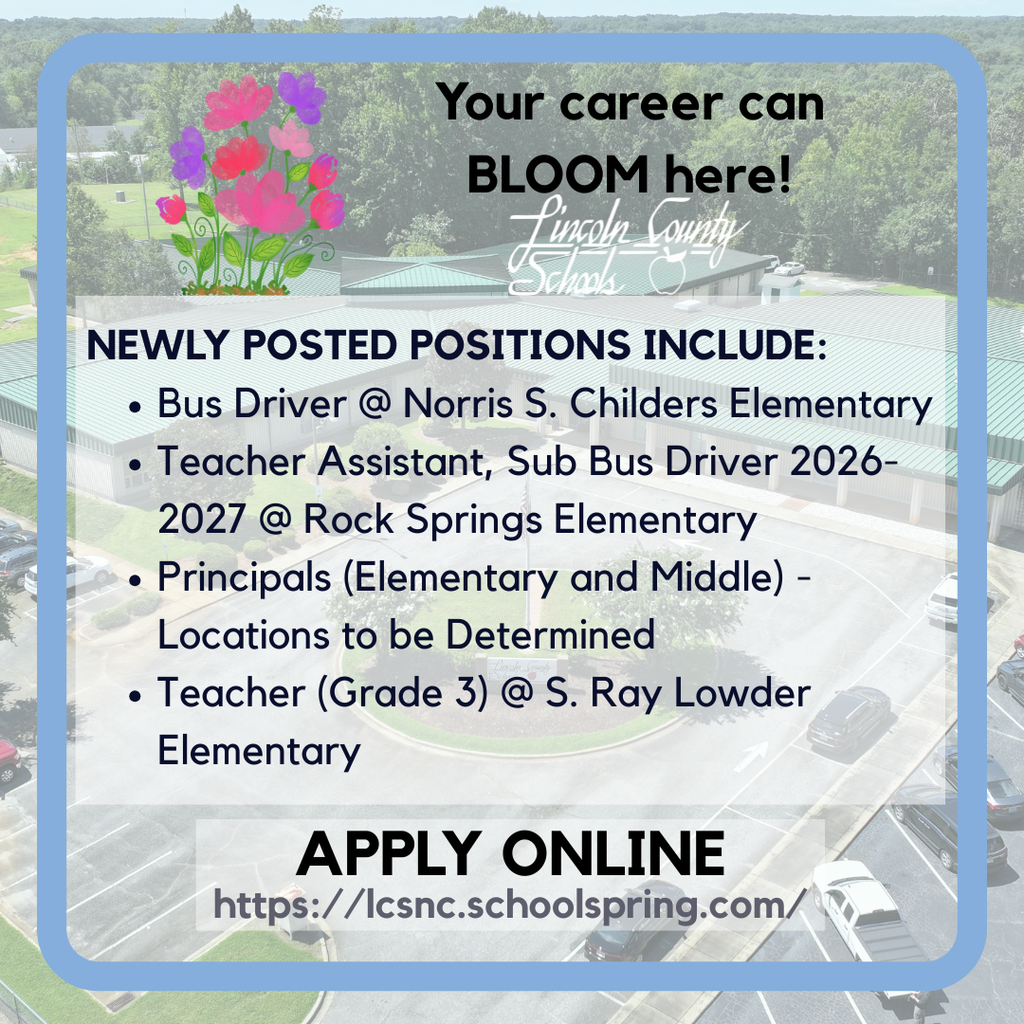 An advertisement for job openings at Lincoln County Schools features a school building, a field of flowers, and a car park.