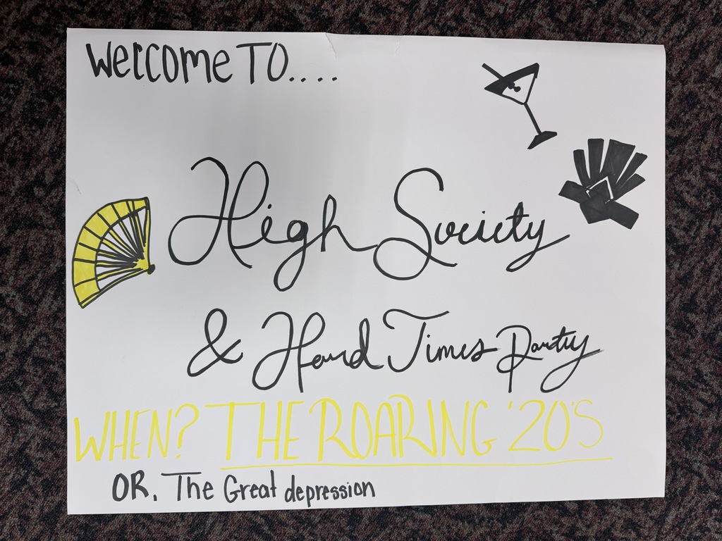 A white card with black and yellow text reads "Welcome To... High Society & Hard Times Party." It features a fan, martini glass, and dice.