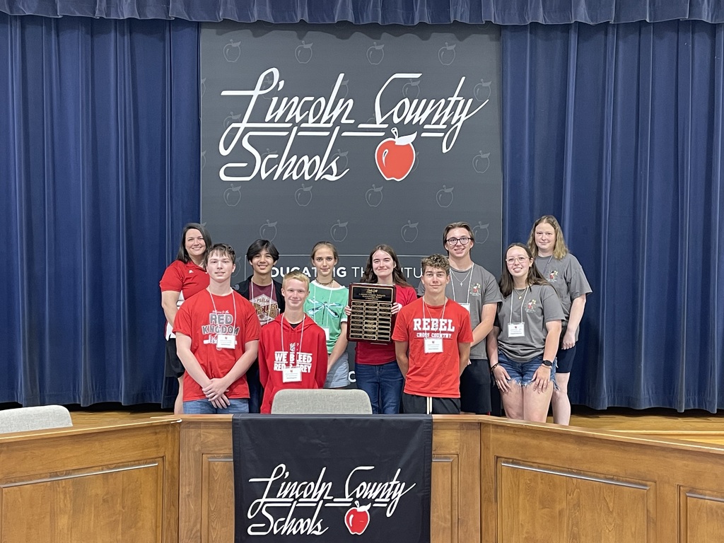 Group of students dressed in matching shirts posing on a stage with a Lincoln County Schools sign.