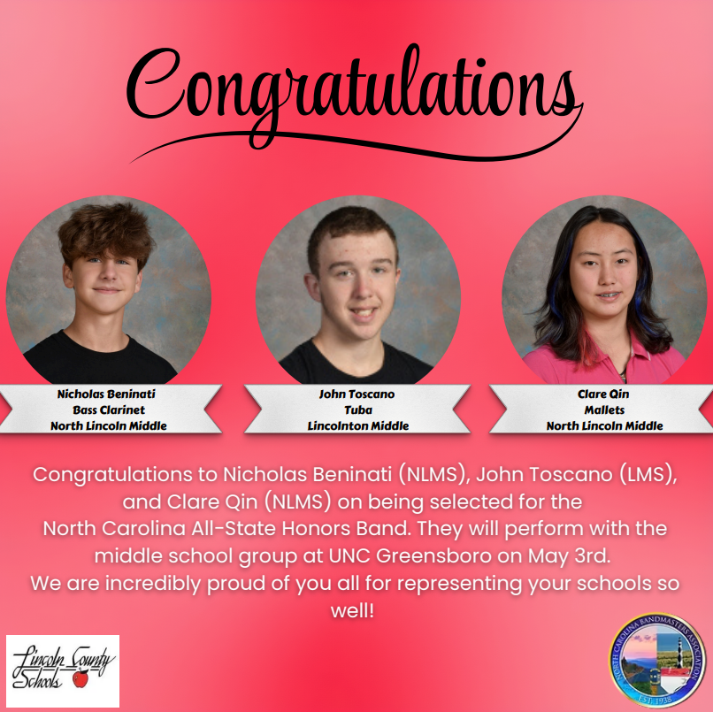 Three students are featured in a pink background. Text reads "Congratulations to Nicholas, John, and Clare".