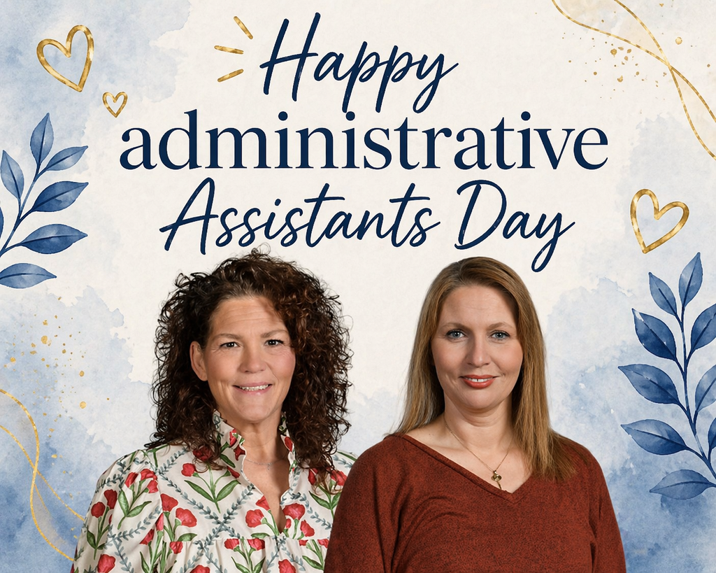 Two women stand next to each other against a blue and white background. The words "Happy Administrative Assistants Day" are displayed.