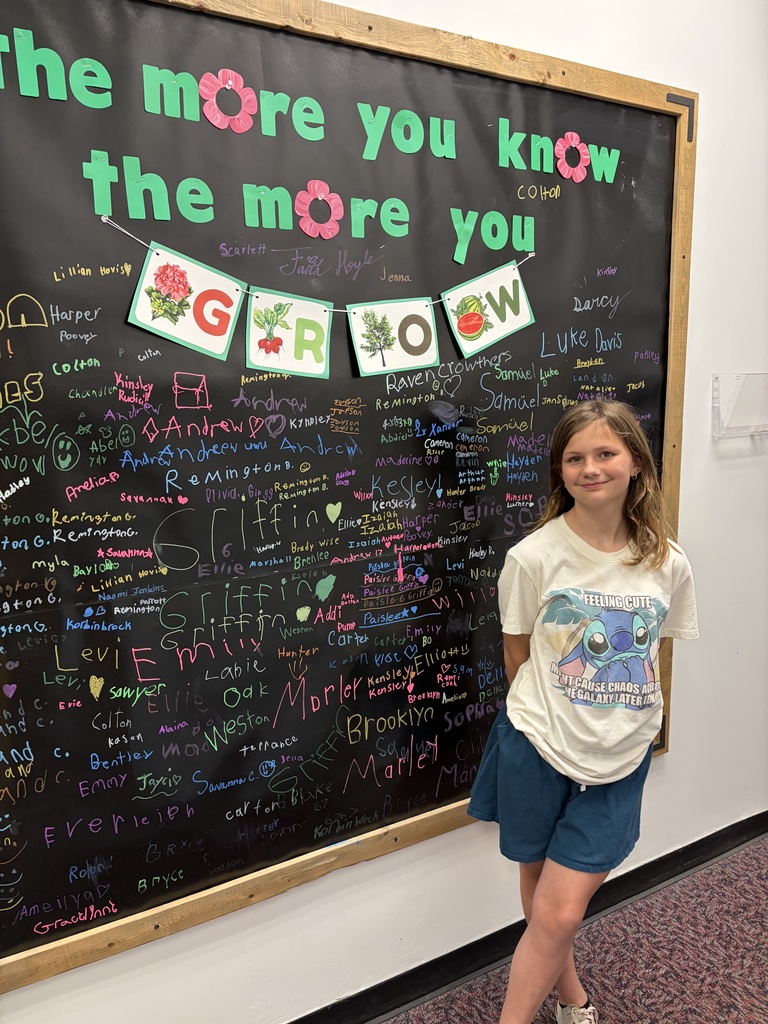 A girl stands in front of a blackboard with writing and a banner. The banner says "GROW" and has colorful letters.