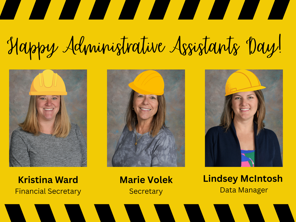 Yellow background with black stripes. Three women wear hard hats. Names below: Kristina, Marie, and Lindsey. Roles: Financial Secretary, Secretary, Data Manager.