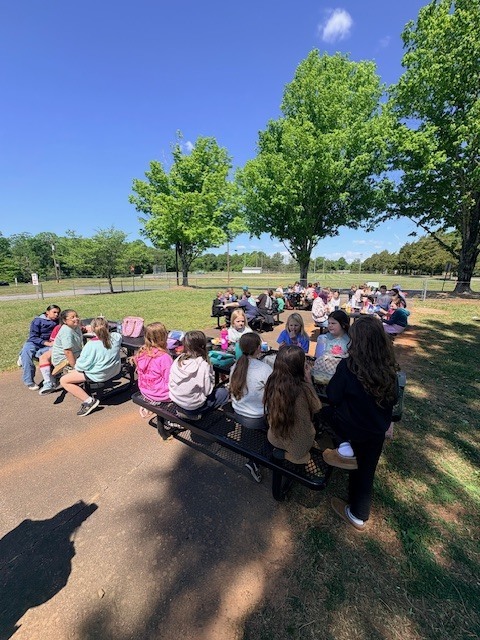 A group of people sit around picnic tables in a grassy park with trees and a clear sky.