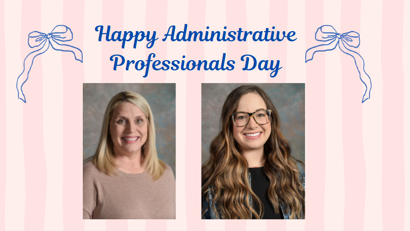 Two women smiling, one with blonde hair and glasses, the other with brown hair. Both wear casual attire. The background features pink stripes and blue bows.