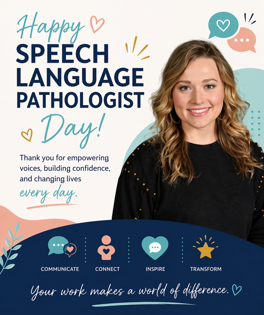 Woman smiling for a poster celebrating Speech Language Pathologist Day with text and icons.