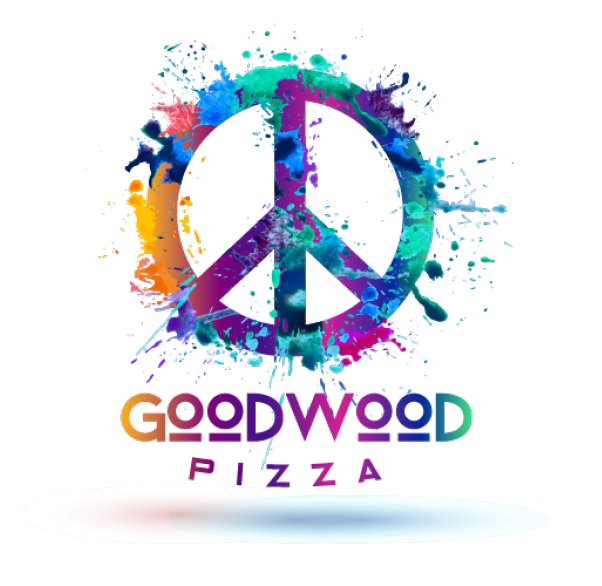 Logo featuring a colorful peace sign with the words "GOODWOOD PIZZA" in bold, multicolored text below.