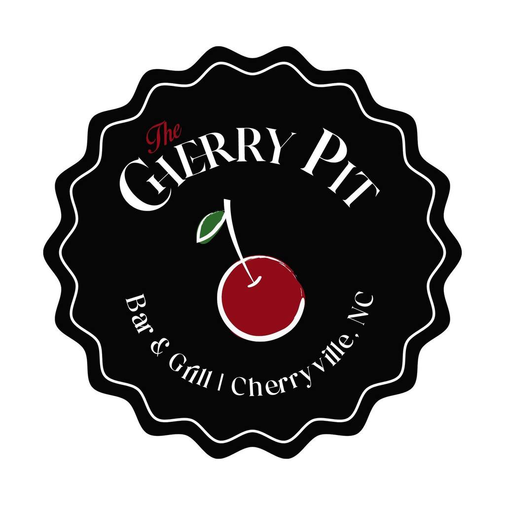 Black circular logo for "The Cherry Pit" featuring a red cherry with a green stem in the center.