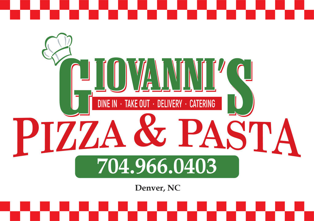 Logo for Giovanni's Pizza & Pasta in Denver, NC, featuring a chef's hat, red and white checkered background, and a phone number.