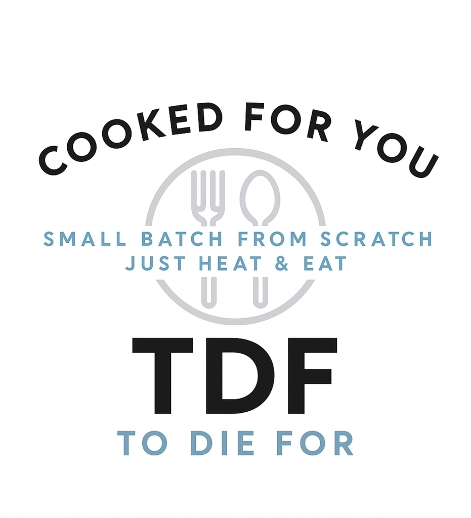 Logo with white background, white text "COOKED FOR YOU", and a blue graphic of utensils with "SMALL BATCH FROM SCRATCH JUST HEAT & EAT" below.