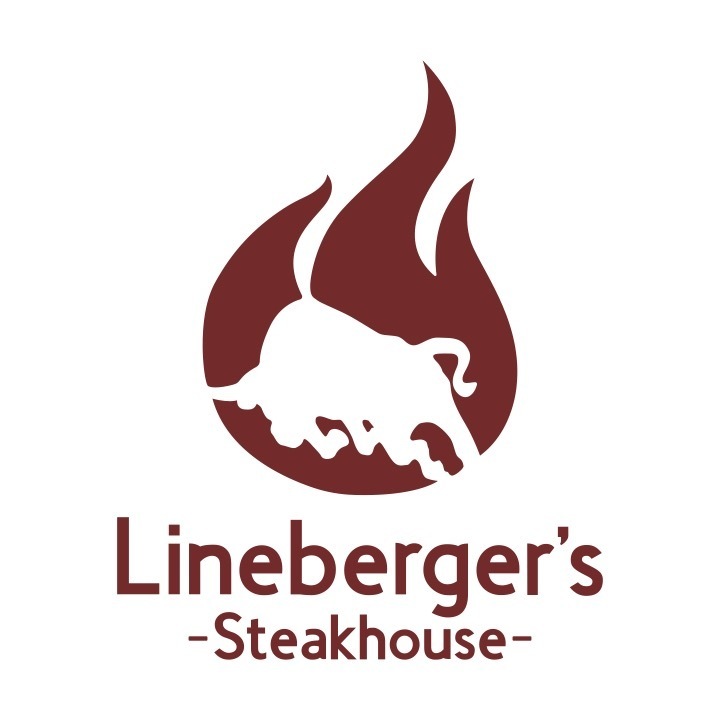 A logo with a flame design and a bull silhouette, reading "Lineberger's Steakhouse" in bold red letters.