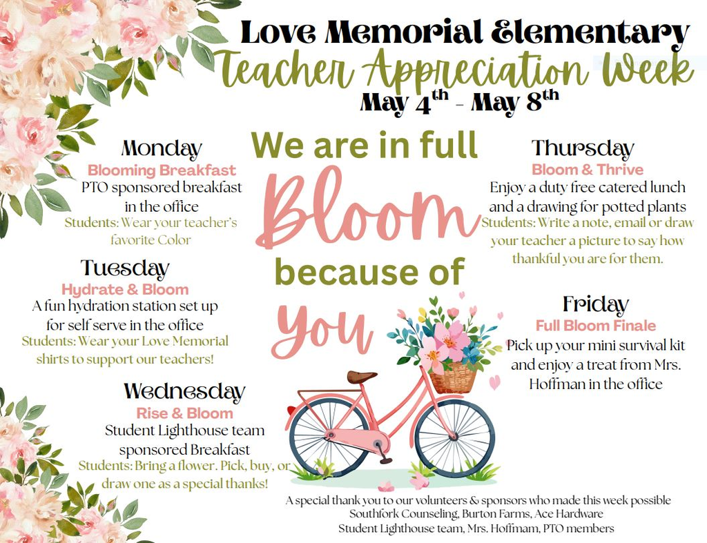 Flyer with pink bicycle and floral design, "Love Memorial Elementary Teacher Appreciation Week, May 4th-8th." Events listed.