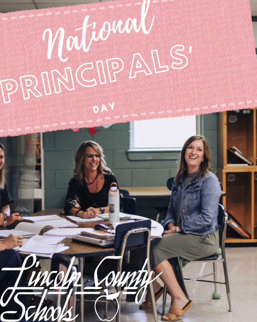 Four adults sit around a table in a classroom. An overlay reads "National Principals' Day" and "Lincoln County Schools."
