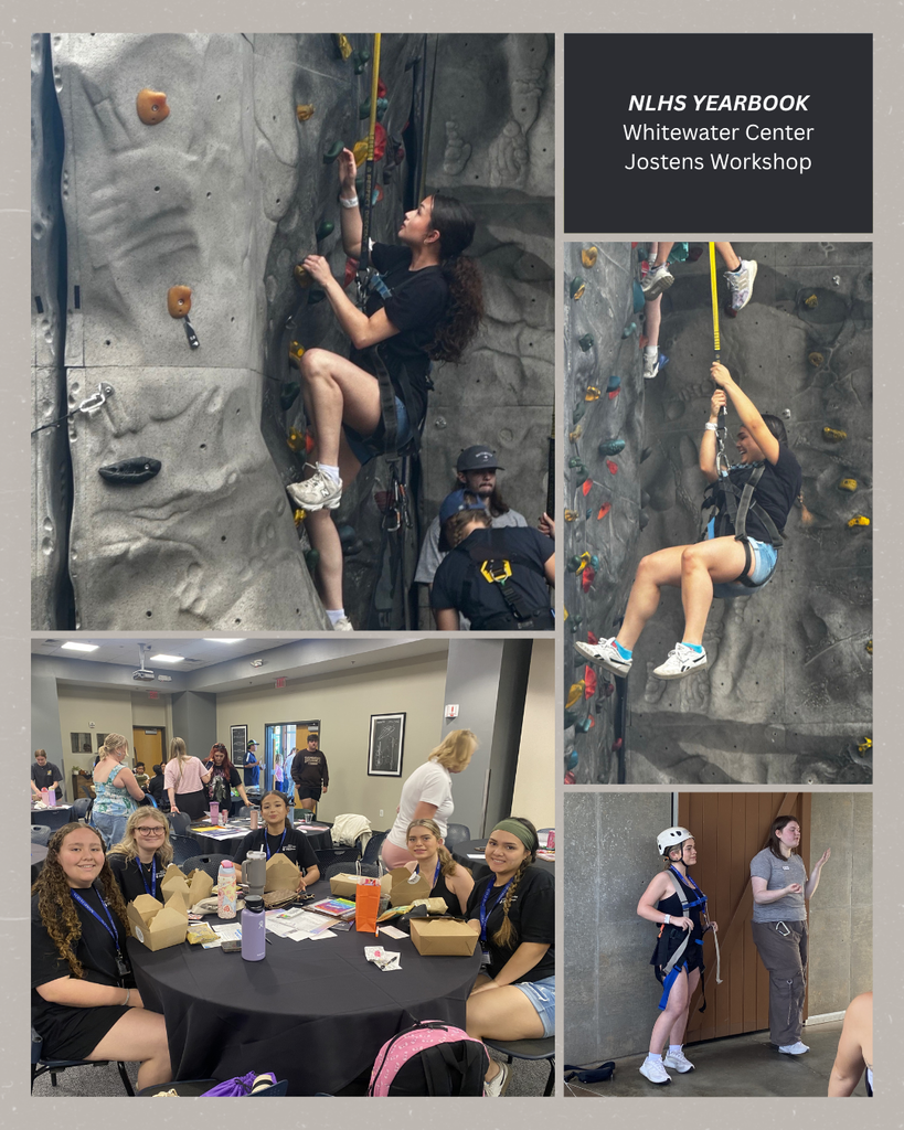 Collage of the yearbook staff at the Whitewater rafting center: participating in a Jostens Workshop and rock climbing!