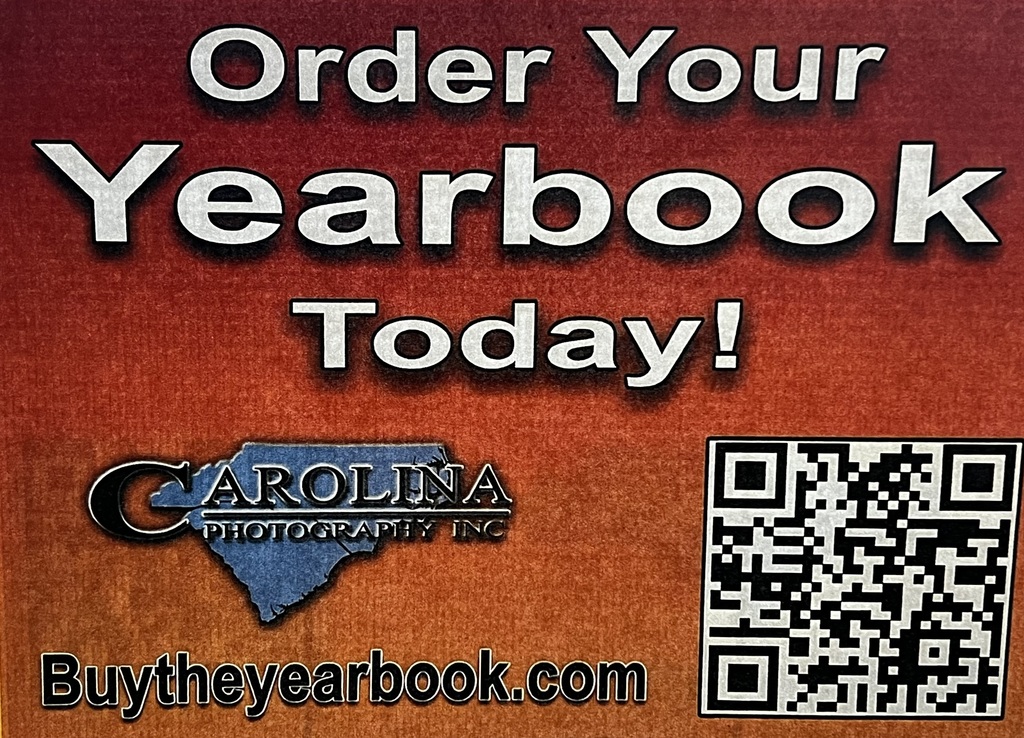 Flyer with a red and orange gradient background. Large silver text at the top reads, Order Your Yearbook Today! Below the main heading is the logo for Carolina Photography Inc. featuring an outline of the states of North Carolina and South Carolina in blue. At the bottom left, the website address Buytheyearbook.com is written in white text with a black outline. On the bottom right, there is a large black and white QR code.